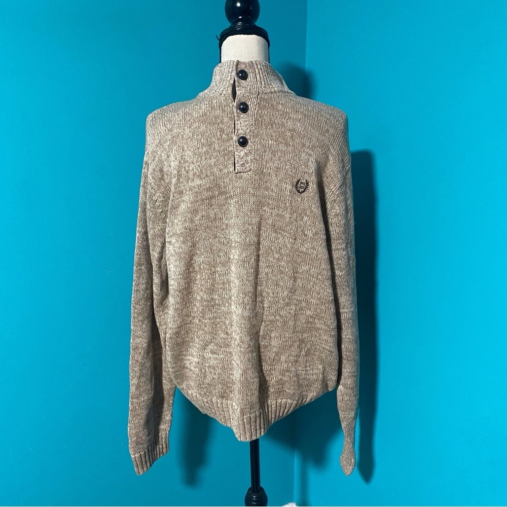 Chaps Large Brown Ribbed Collar Faux Suede Brown Elbow Patch Sweater